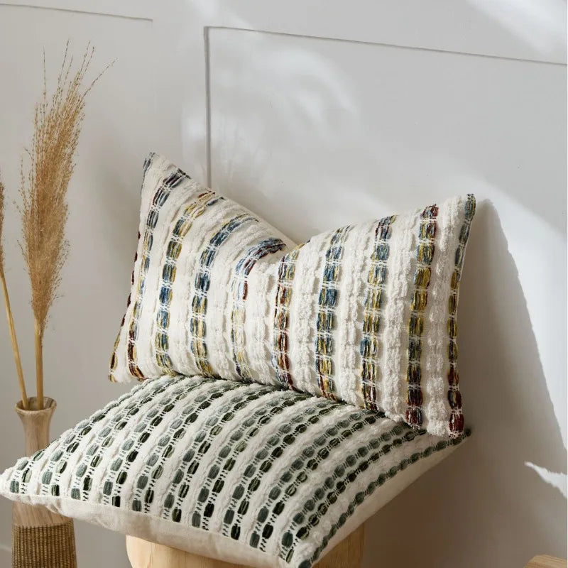 coussin carré rayé nordique rustique blanc marron bleu vert décoration voiture