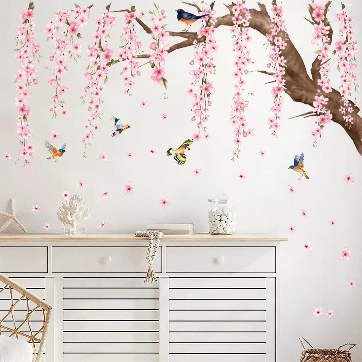 stickers muraux aquarelle cerisier fleurs oiseaux floral printemps naturel rose brun vert bleu pvc