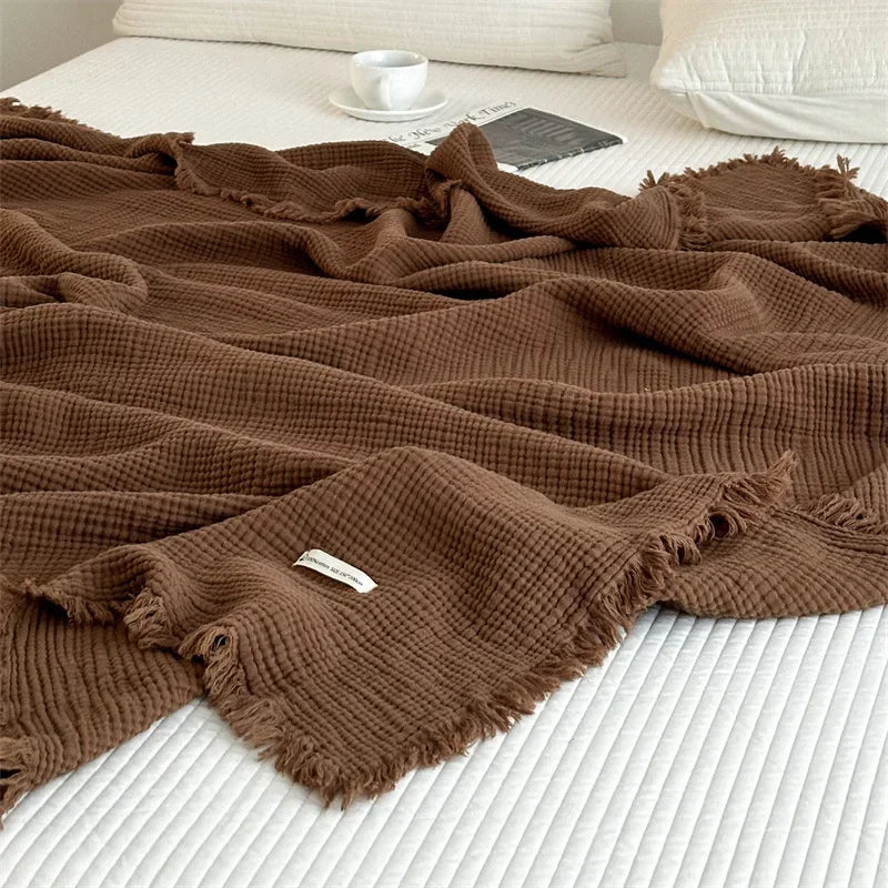 plaid coton marron texture gaufrée franges voyage printemps automne minimaliste portable chambre coucher