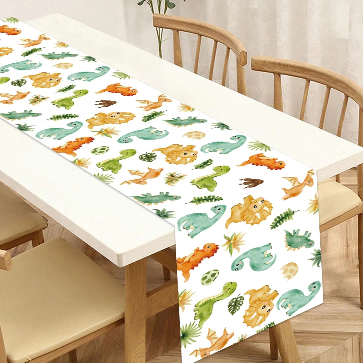 table table motif dinosaure feuilles tropicales décoration enfantine anniversaire fête révélation sexe aquarelle blanc