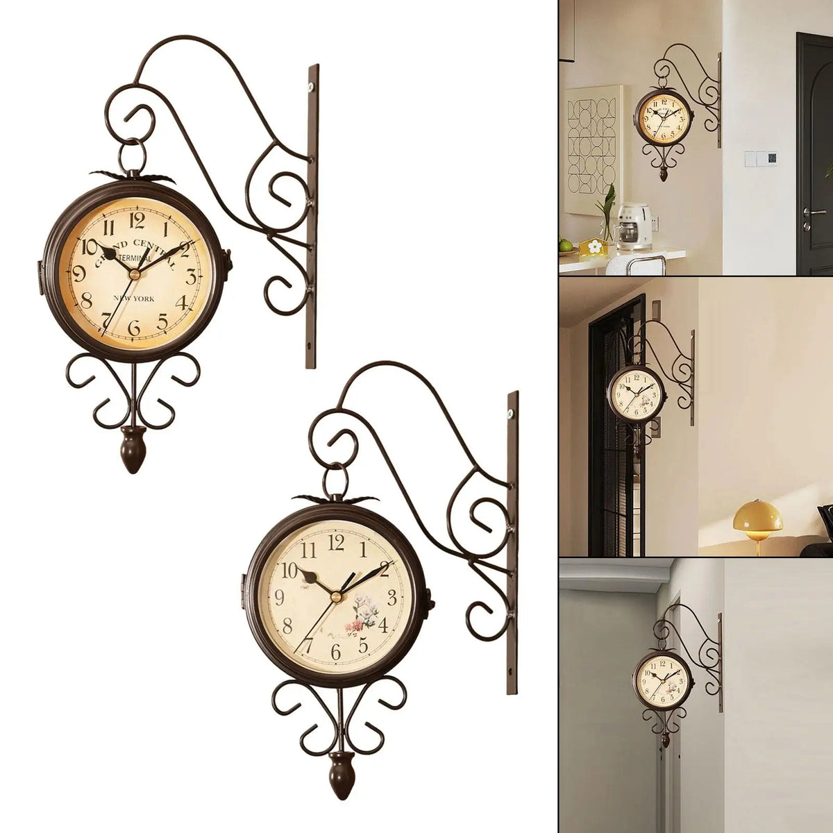 horloge murale double face horaire arabe métal marron rétro vintage decoration mur silencieuse industriel