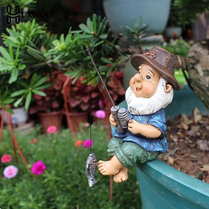 statuette jardin gnome pêcheur résine détails sculptés canne poisson amusante décor extérieur intérieur durable