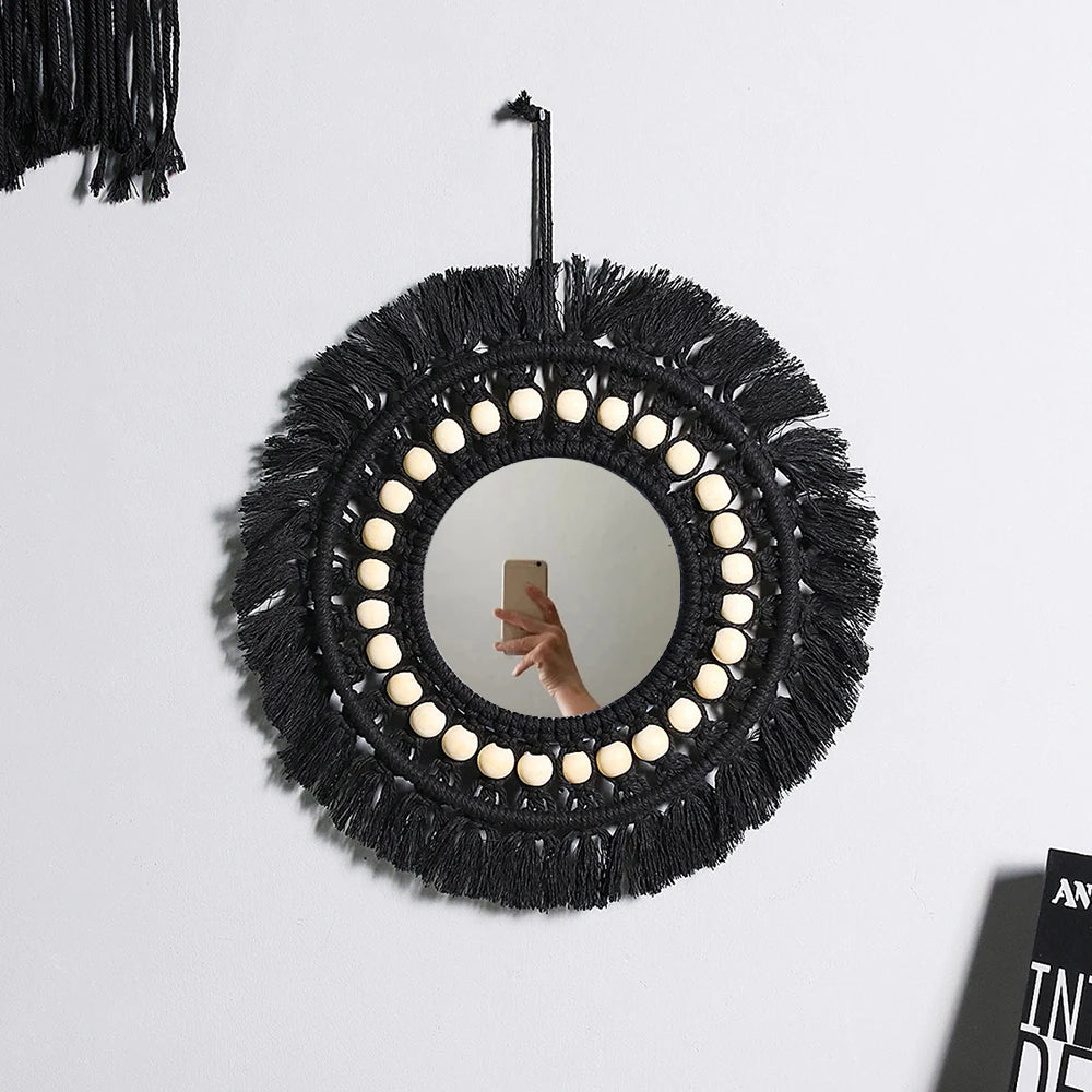 miroir boho blanc macramé franges deco mur salon chambre bébé artisanal