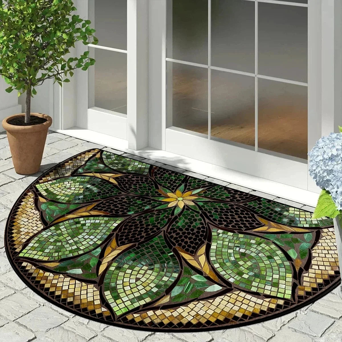 tapis mosaïque floral antidérapant moderne vert marron beige bleu noir salon chambre entreeextérieur
