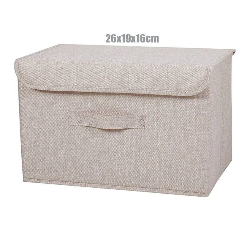 boîte rangement pliable tissu lin gris beige couvercle poignées vêtements