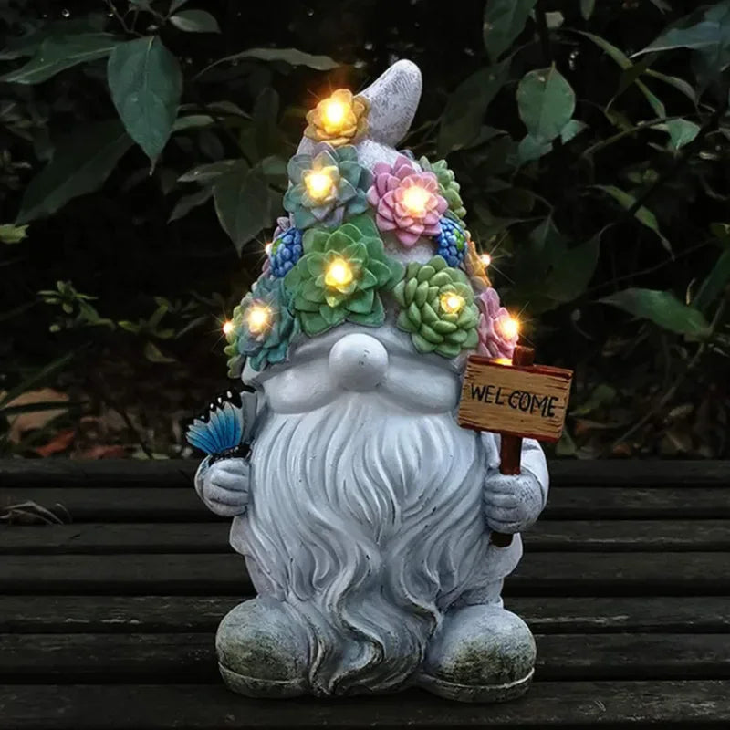 statue gnome jardin extérieur led solaire bienvenue animaux fleurs motifs floraux verte lumineuse