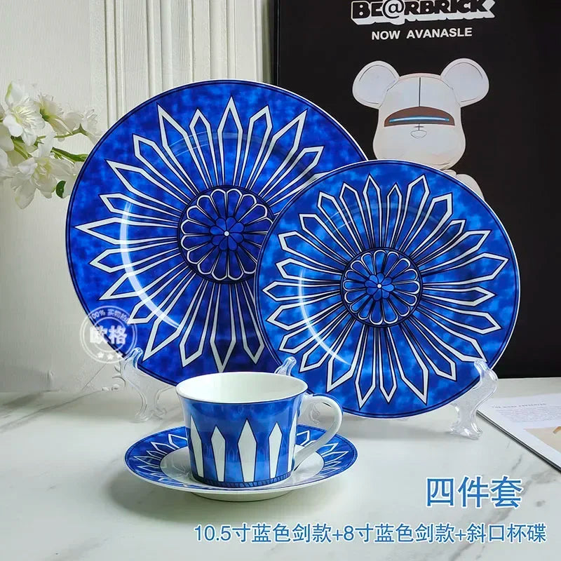 assiettes bleu motif floral tasse blanc classique opacité