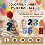 chapeau anniversaire enfant rayures pompon chiffres decoratif festif adhésif blanc marron bleu orange