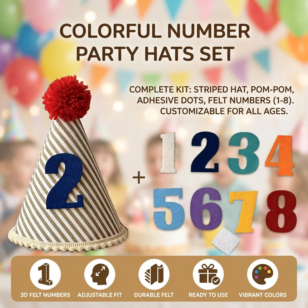 chapeau anniversaire enfant rayures pompon chiffres decoratif festif adhésif blanc marron bleu orange