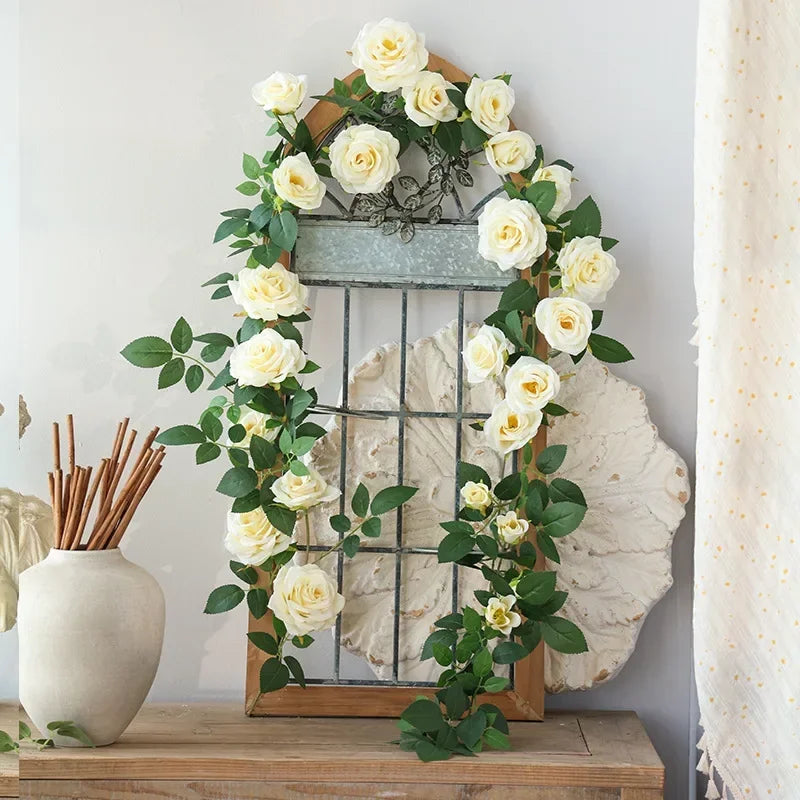 guirlande fleurs artificielles roses feuilles vertes blanc rose orange decoration romantique intérieur mariage anniversaire