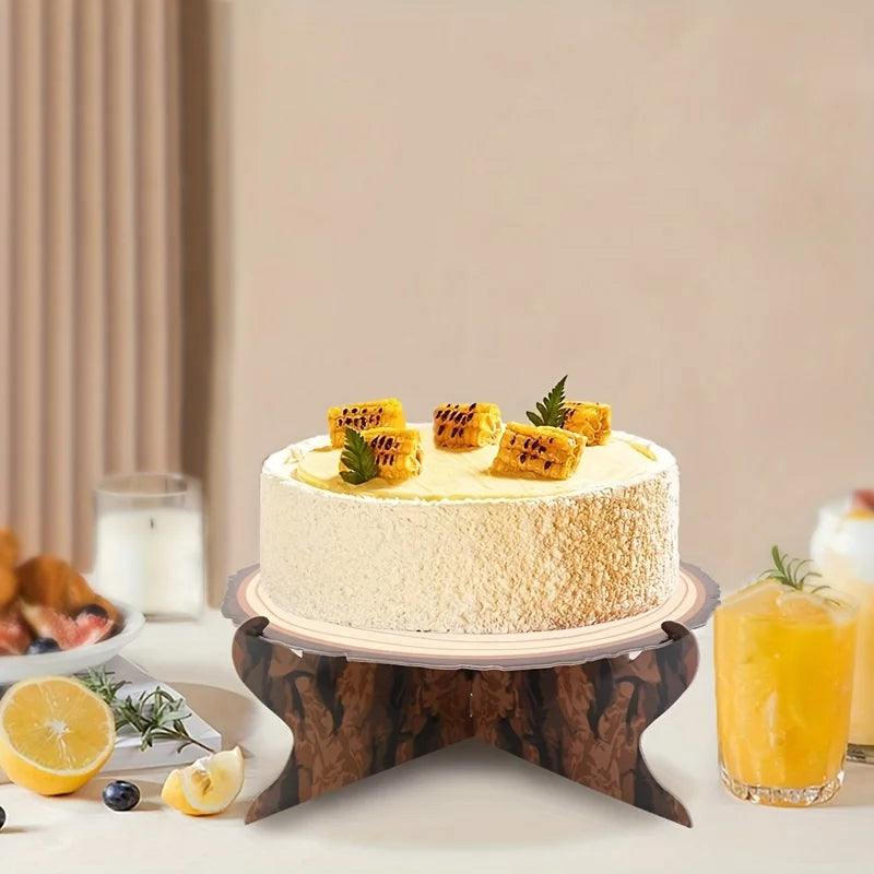 supports gâteau imitation bois marron cupcakes fruits fleurs artificielles bougies verres guirlandes ballons festifs