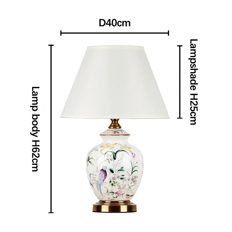 lampe table moderne abat jour fleurs oiseaux classique blanc doré vintage