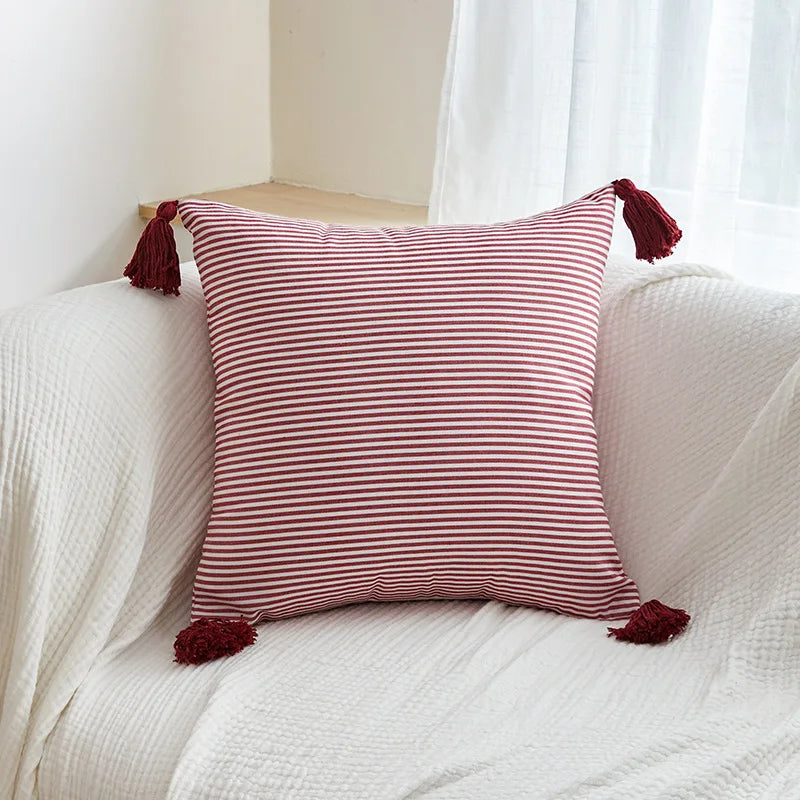 housse coussin rayures rouge blanc coton polyester amovible lavable rustique moderne lit chambre sofa