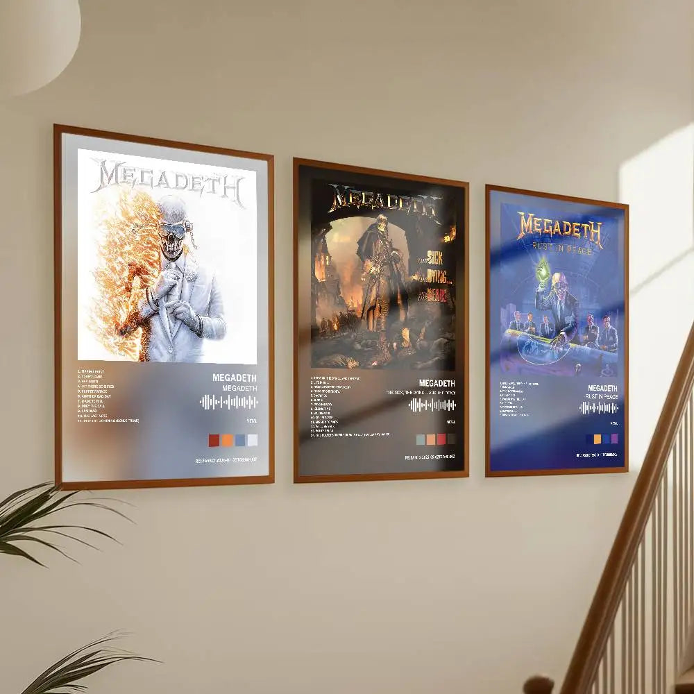 affiche musicale megadeth moderne rock blanche noire bois textes chansons logos chambre salon