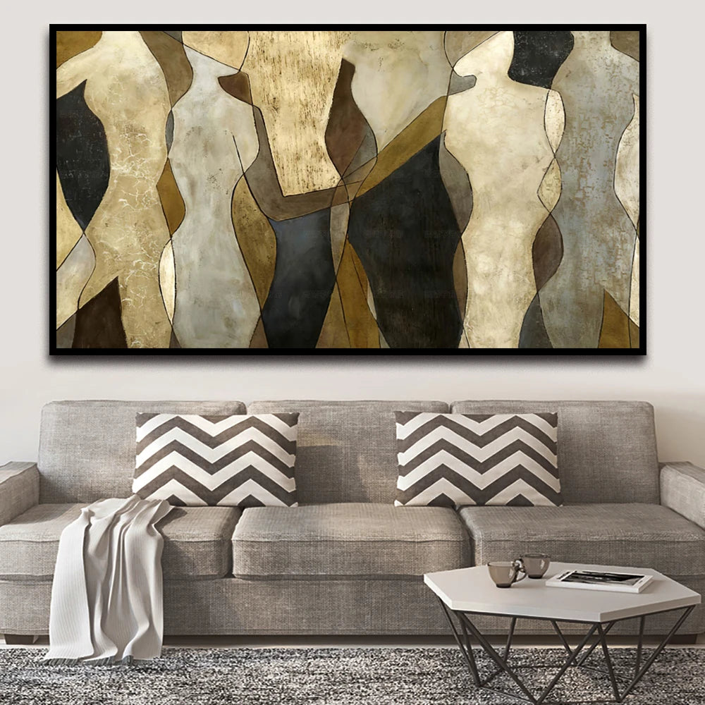 tableau abstrait moderne toile minimaliste beige noir marron gris horizontal décoration chambre salon erotique