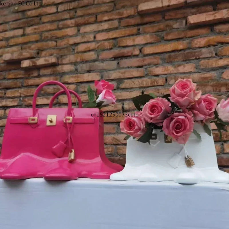 vase resine moderne sac birkin rose vif blanc doré élégant brillant 28cm