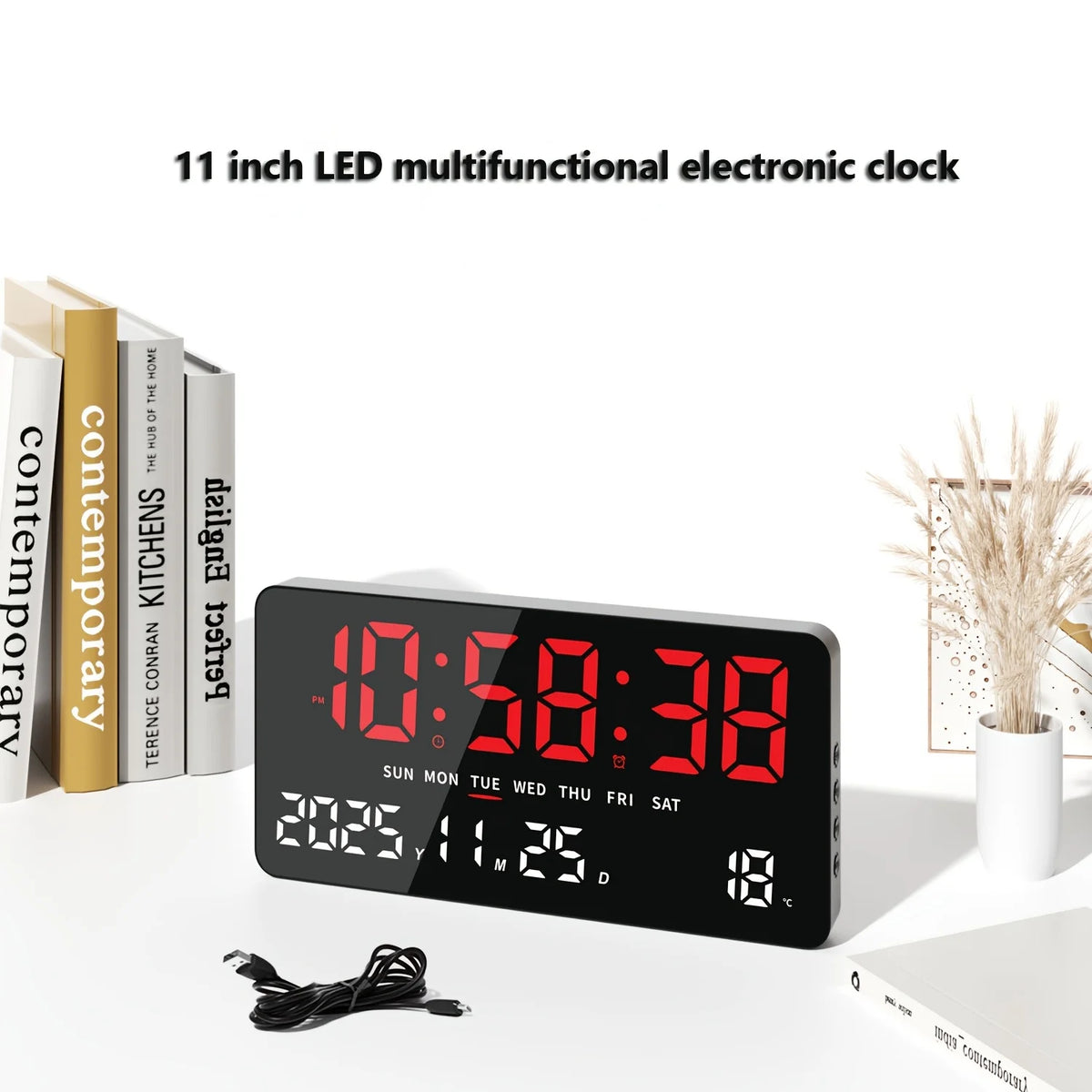 horloge électronique led moderne affichage heure date température noir rougeécran numérique minimaliste contemporain