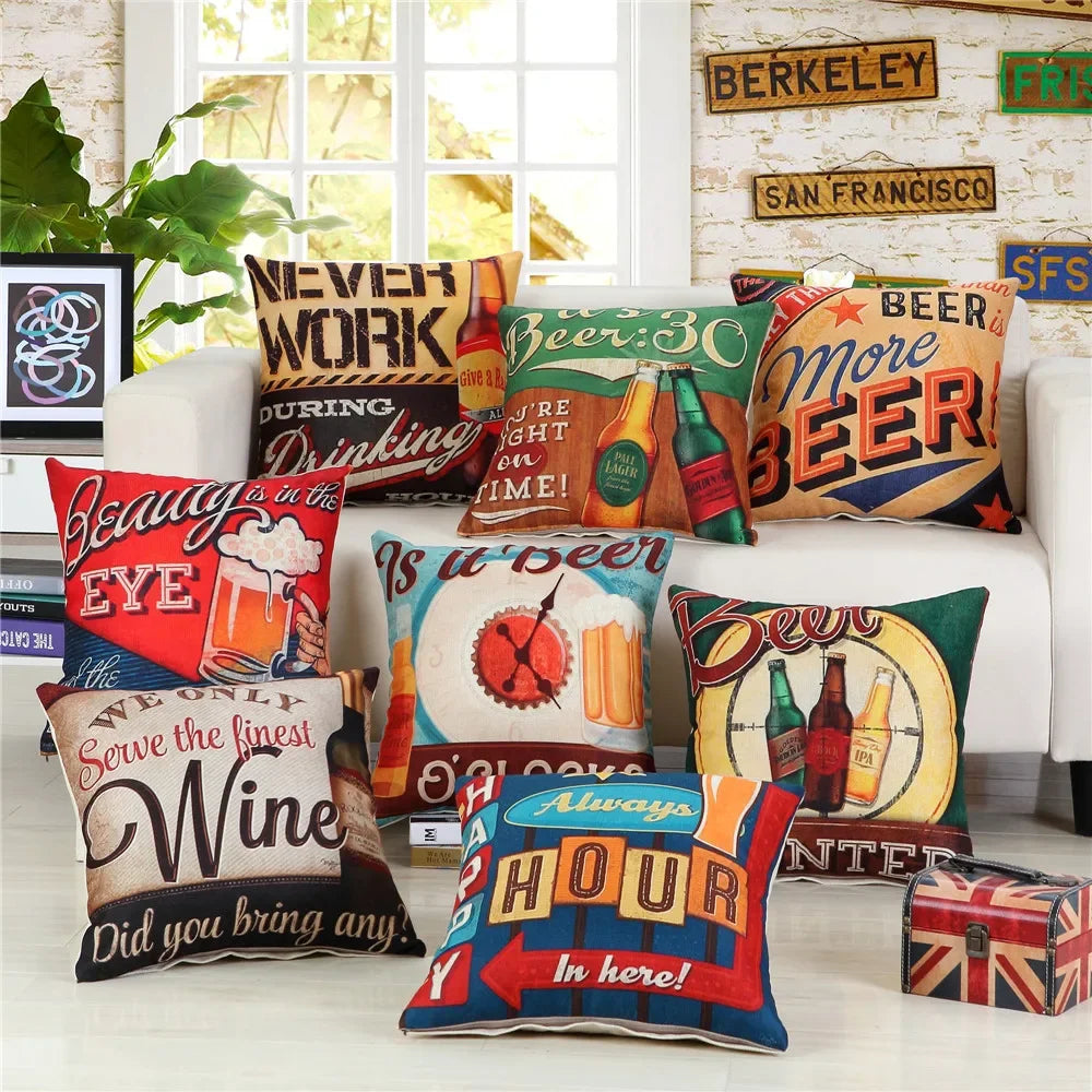 housse coussin vintage bière vin motifs rétro multicolores coton lin décoration canapé chaise 45x45cm