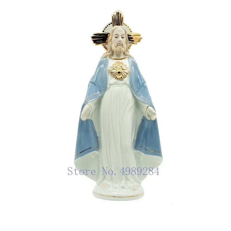 statue religieuse madone céramique bleu clair blanc doré details sculptés classique