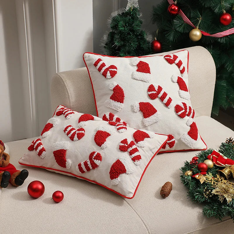 coussin noël brodé blanc rouge motifs cannes sucre opacité décoratif zipper