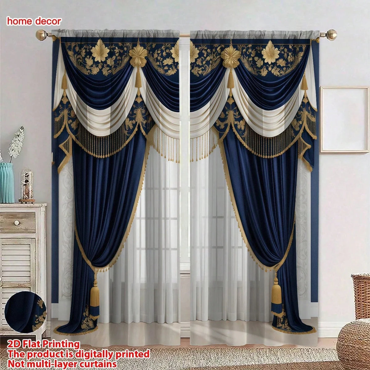 rideaux élégants broderie florale dorée franges pompons bleu marine moderne maison