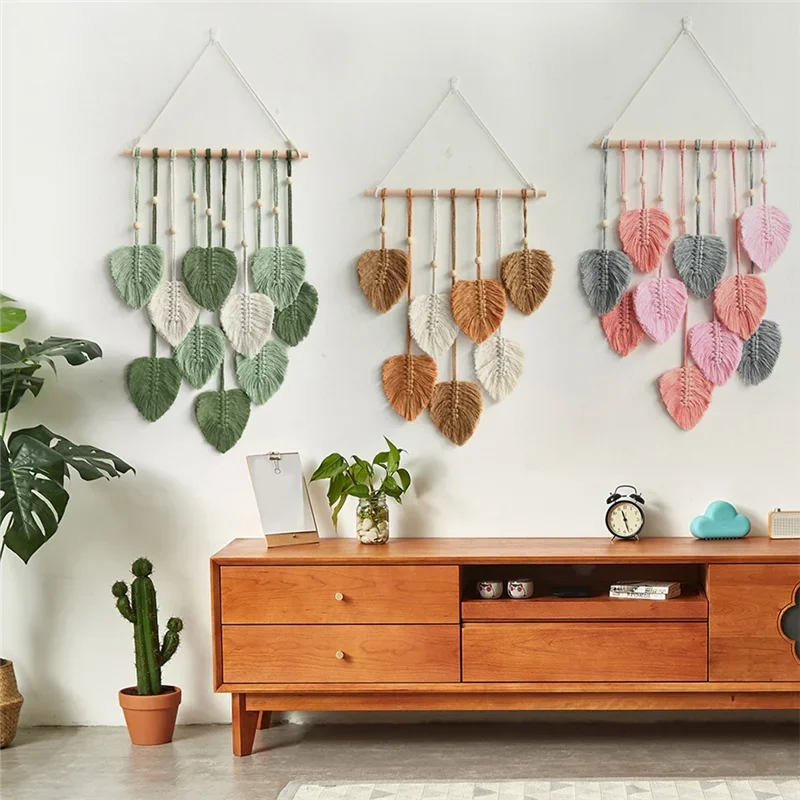 décoration murale boho vert feuilles macramé tissage crochet naturel chambre mariage