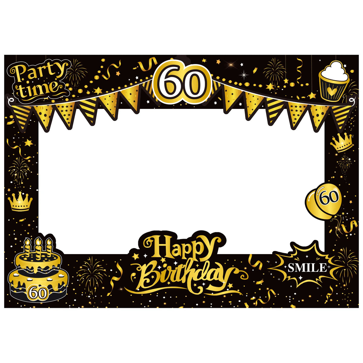 cadre photo noir doré guirlandes happy birthday party time smile festive