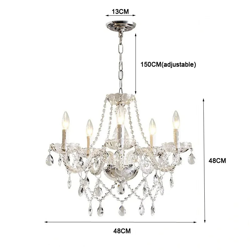 chandelier classique élégant argenté transparent chaîne 48cm diamètre 150cm longueur ampoules led