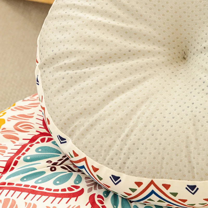 coussin rond boho chic motifs floraux géométriques antidérapant polyester blanc bleu