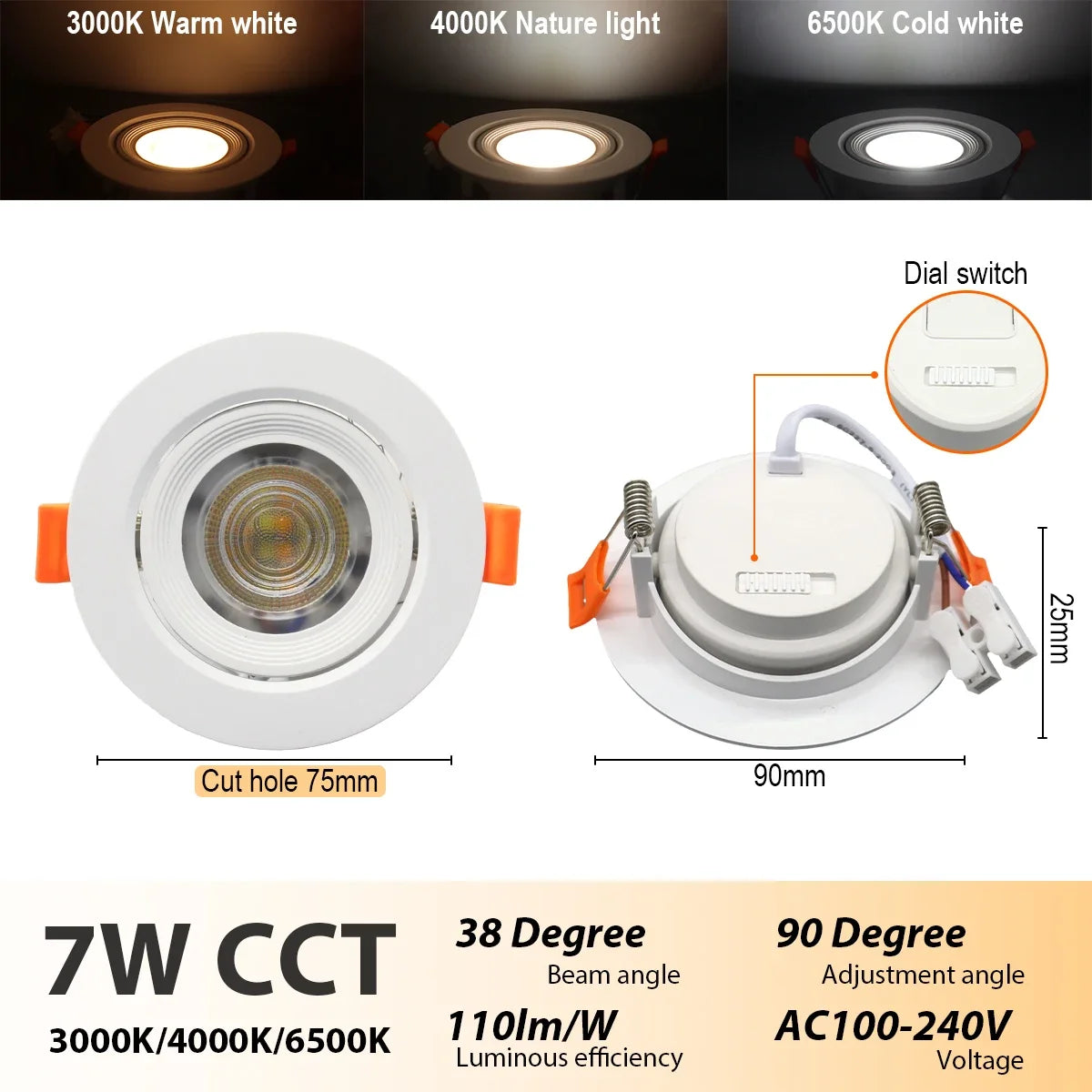 spots lumineux led réglables blanc moderne intérieur 770 lumens 3000k 4000k 6500k 25000h clips