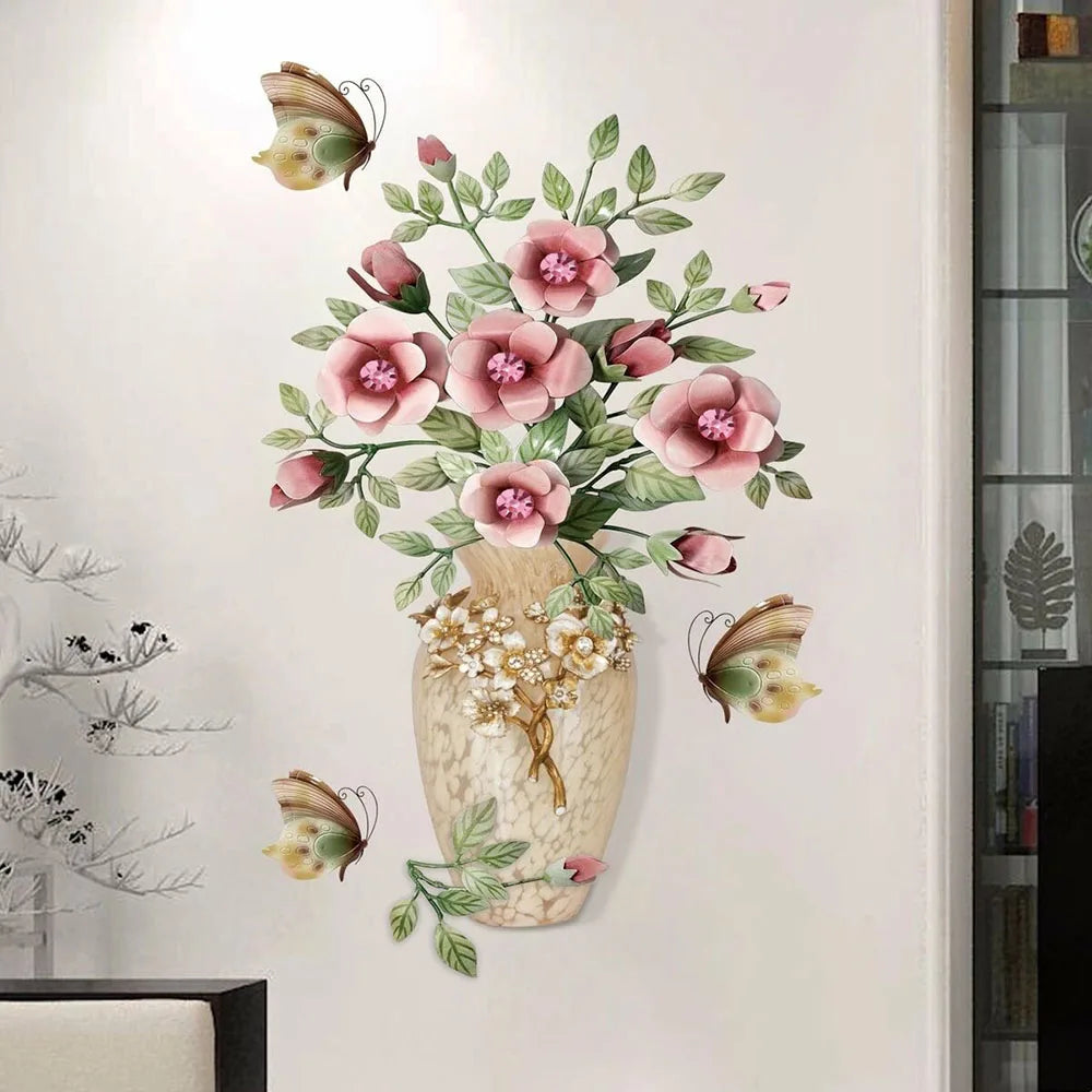 sticker mural bouquet fleurs papillons vintage romantique beige rose vert opaque chambre salon