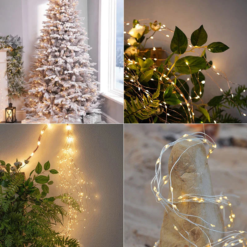 Rideau lumineux cascade décorant un salon pour Noël avec ambiance féerique