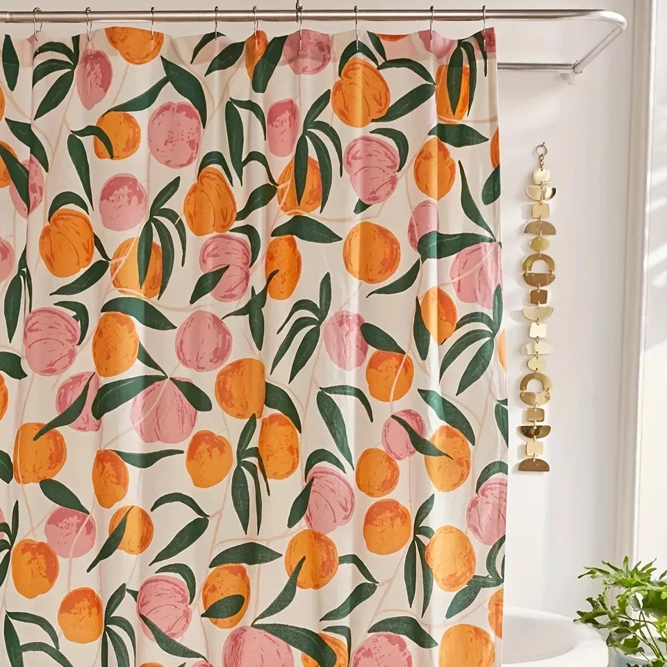 rideau douche moderne fruit pêches feuilles blanc orange rose vert anneaux opaques polyester