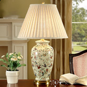 lampe table céramique motifs floraux abatjour plissé couleur beige doré vintage