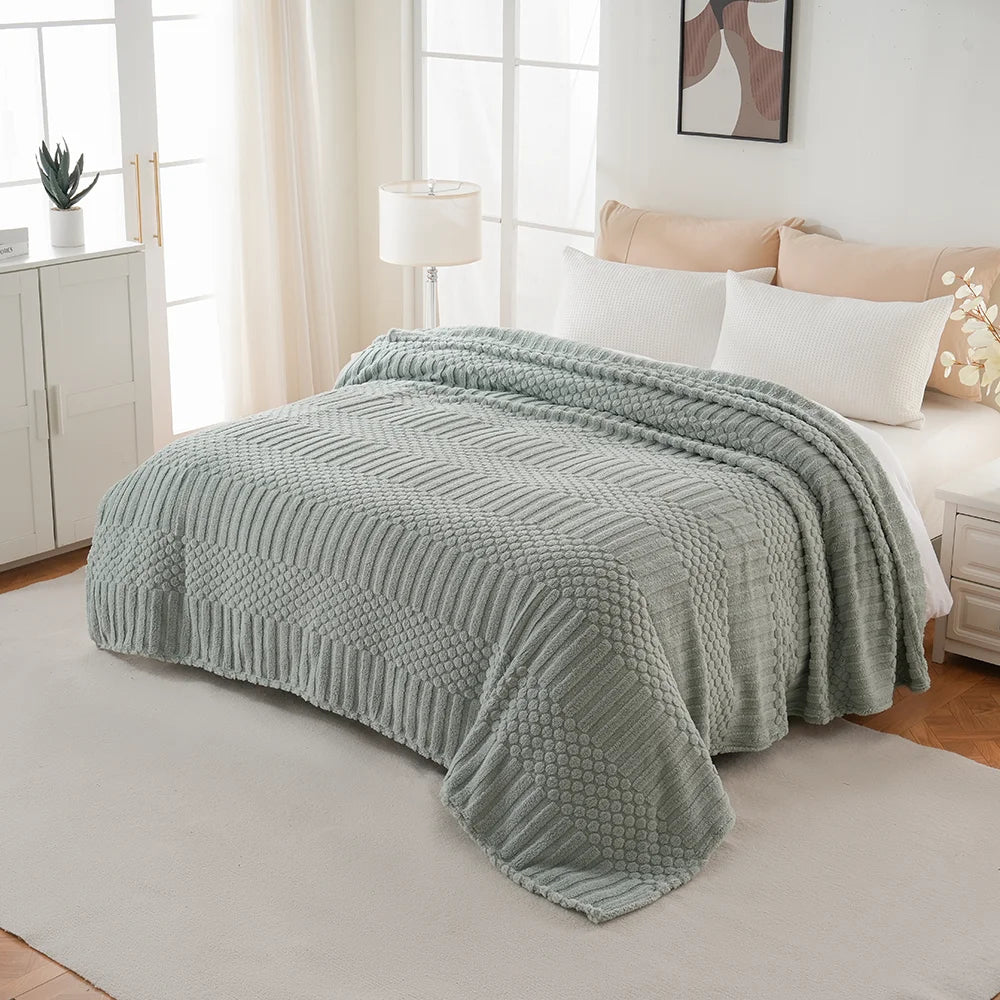 plaid vert gris texture épaisse motif points relief moderne cosy canapé lit chambre decoration