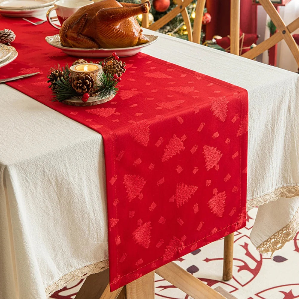 chinois table noël rouge vert brodé arbre maison fêtes classique polyester