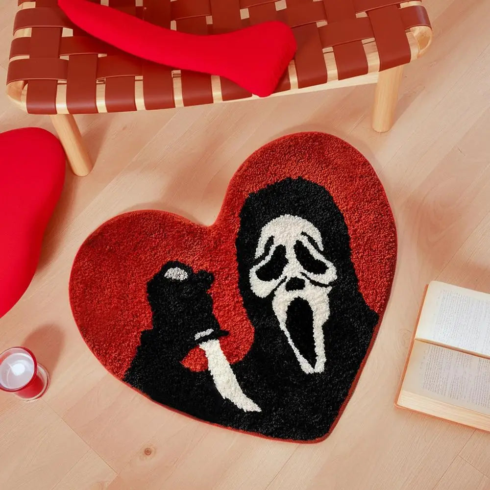 tapis porte salle bain rouge noir blanc crâne halloween texture épaisse moderne graphique