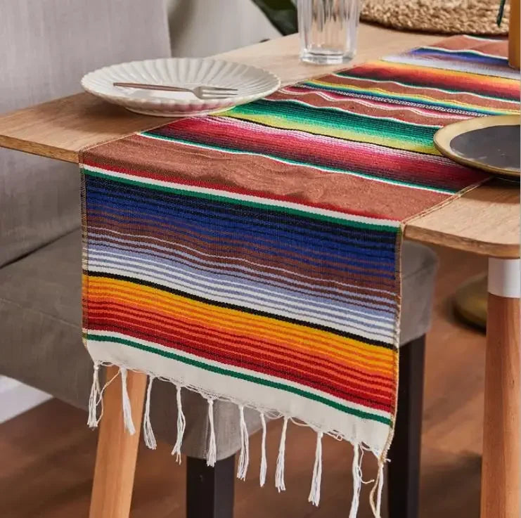 nappe mexicain rayées franges colorées maison carnaval festive 35x210cm polyester coton