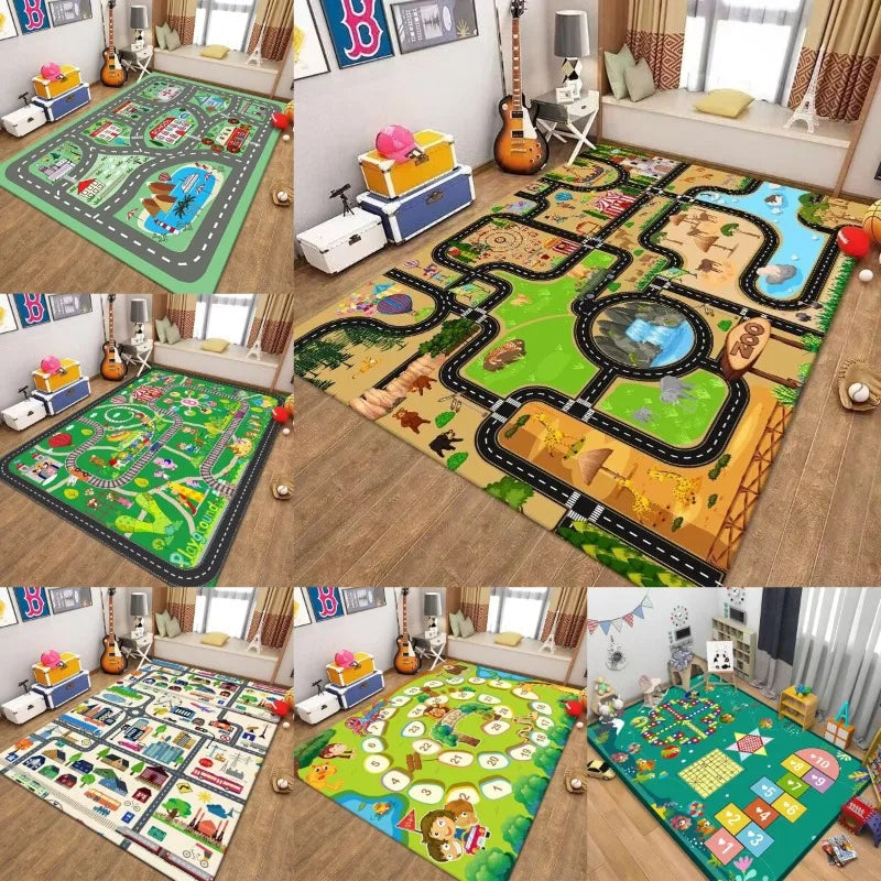 tapis jeu enfant route animaux zoo éducatif décoratif salon chambre maison bleu vert gris