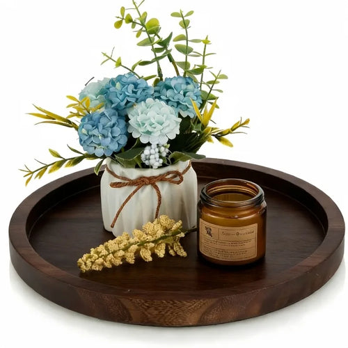 plateau bois rustique marron grain naturel bouquet artificiel bougies led automne decoration interieur salon