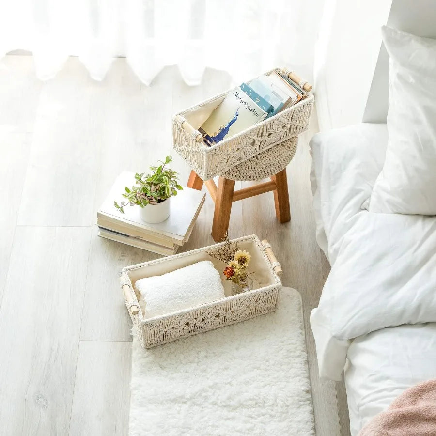 paniers macramé blancs boho chic poignées bois rangement decoration interieur storage glam