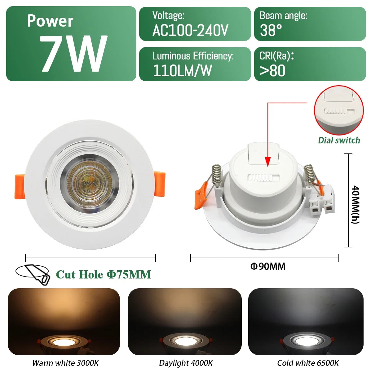 spot led blanc moderne 3000k 4000k 6500k interrupteur cct 75mm 90mm