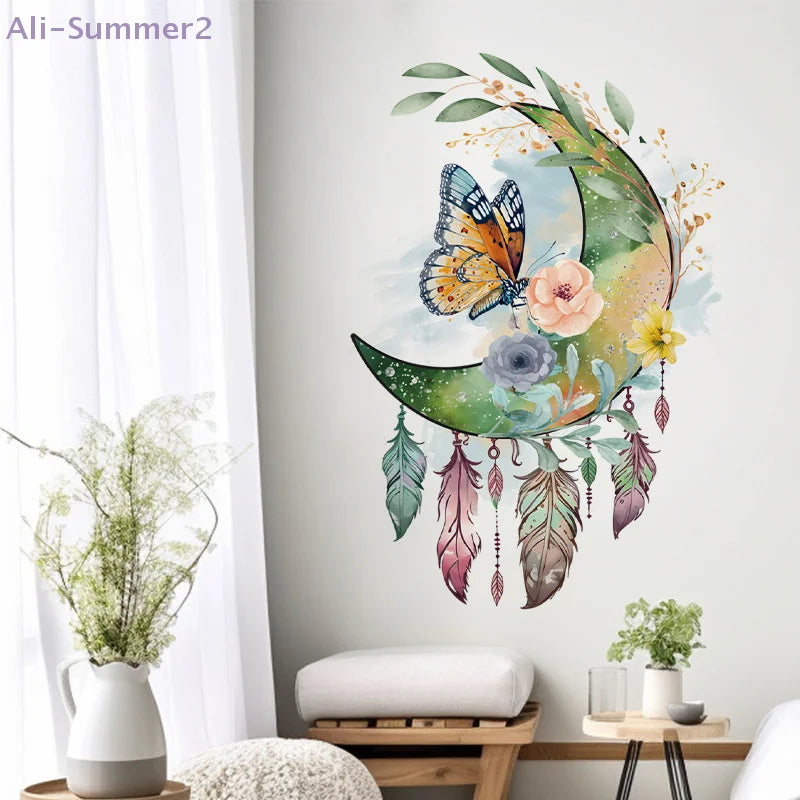 sticker mural boho chic floral papillons multicolore vert bleu rose facile installer opaque