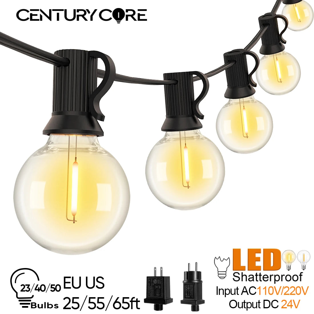 guirlande lumineuse vintage blanc noir boules verre transparents clips noirs adaptateurs électriques instructions