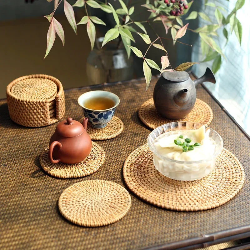 dessous verre rotin tressé naturel rustique ensemble anti brûlure tasses théière