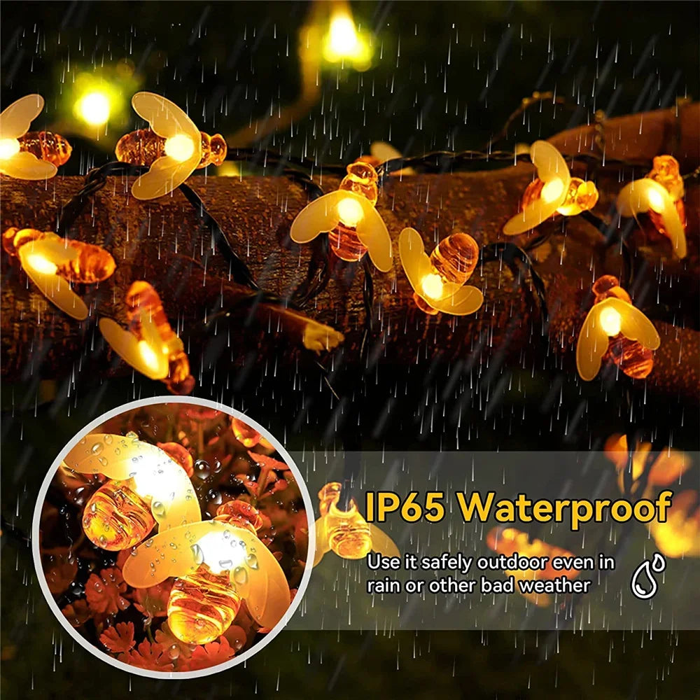 guirlande lumineuse solaire extérieur forme abeille décorative jardin terrasse étanche led orange blanc