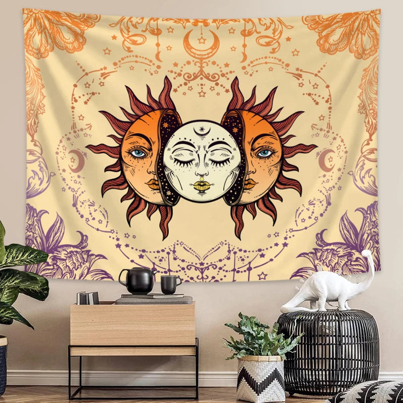 tapisserie bohème visage soleil lune motifs floraux colorés moderne clips inclusion