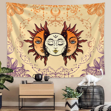 tapisserie bohème visage soleil lune motifs floraux colorés moderne clips inclusion