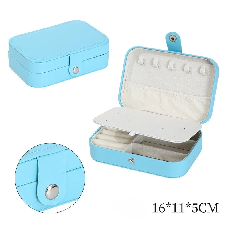 boîte bijoux multifonctionnelle simili cuir bleu marine moderne miroir portable pratique anneaux bracelets boucles