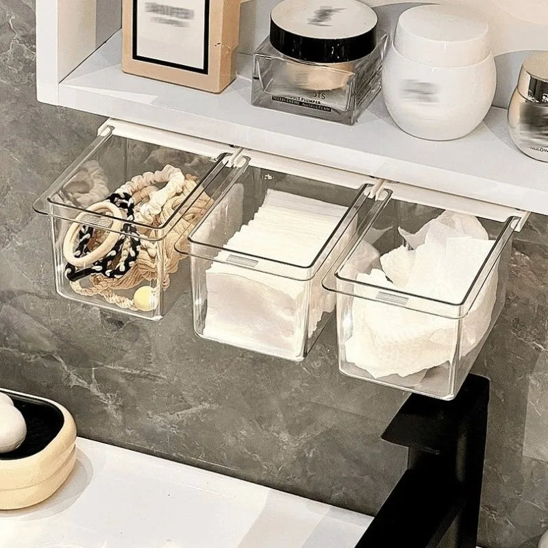 boîtes rangement transparentes modernes adhésives coton tige lingettes pinceaux salle bain maquillage